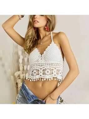 White Crochet Boho Style Crop Top One Size